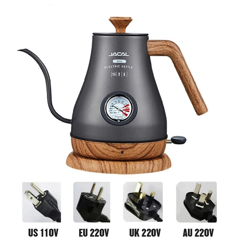 1.0L Electric Kettle Retro Gooseneck Hand Brewed Coffee Pot Slender Mouth Teapot Stainless Steel Liner Kettle with thermometer