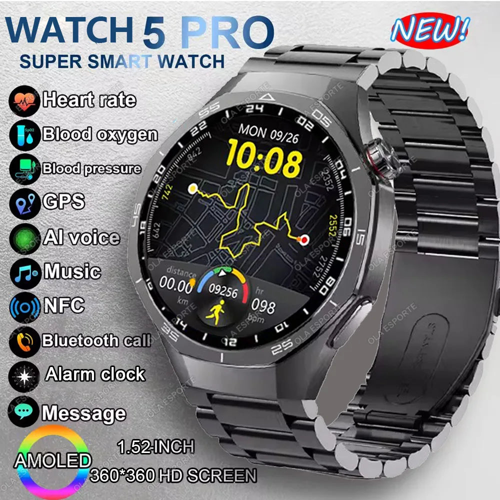 MA27 New Watch 5 Pro Smart Watch 1.53 Inch AMOLED Display Screen GPS Sports Tracker Smartwatch Men Women IP68 Waterproof Watches