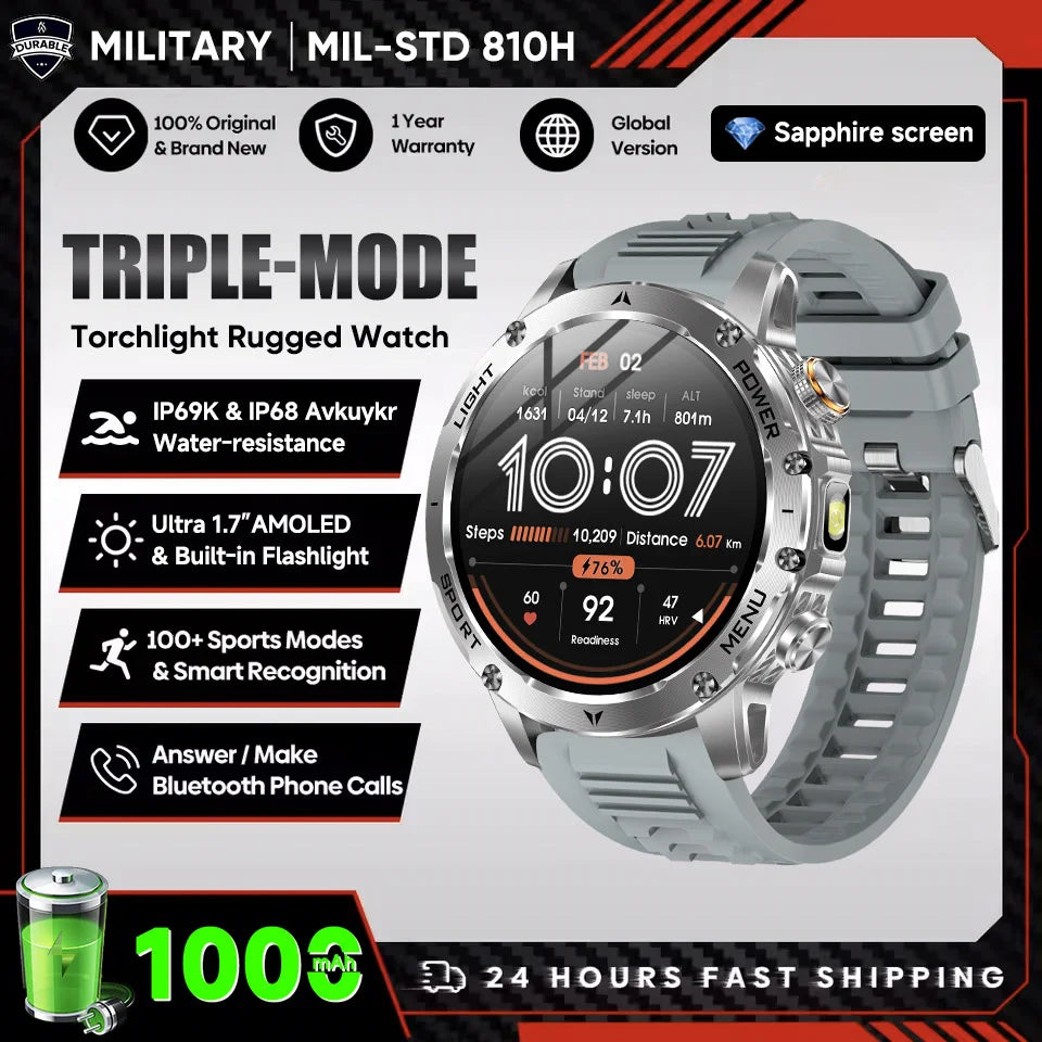 2025 New Military Grade Men 1000mAh Super Large Battery Smart Watch GPS 3ATM Waterproof Bluetooth Call Sports Fitness Smartwatch