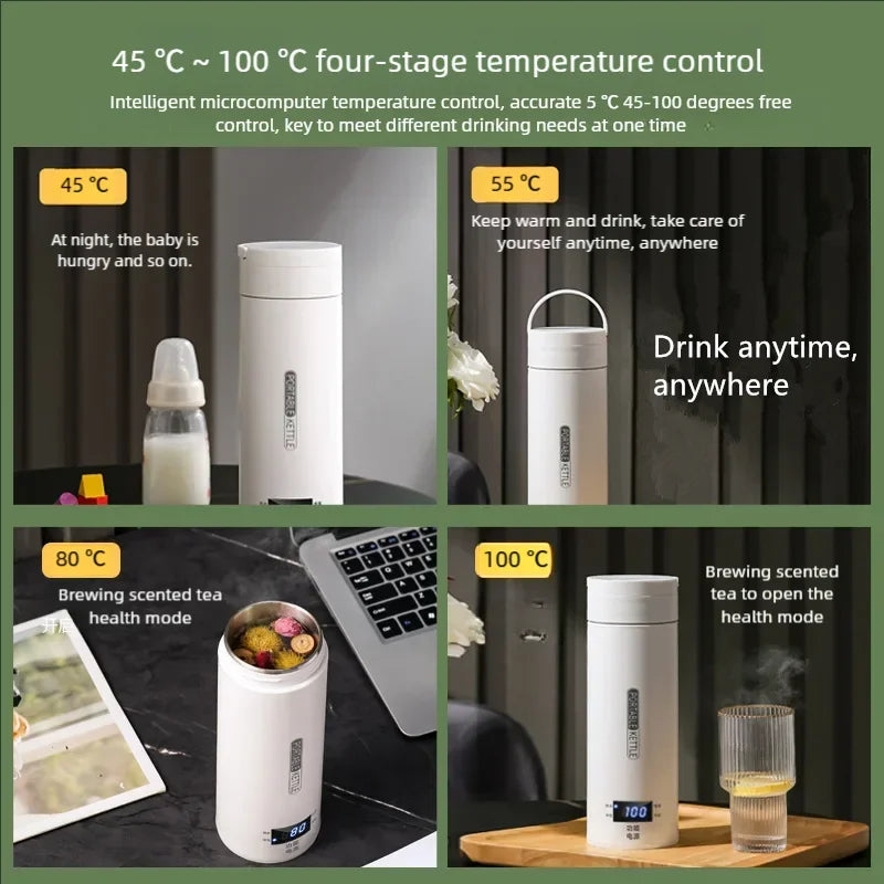 JFBONIN Electric Kettles Portable Tea Coffee Kettle Travel Boil Water Thermal Cup Anti-Scald Water Bottle English Menu