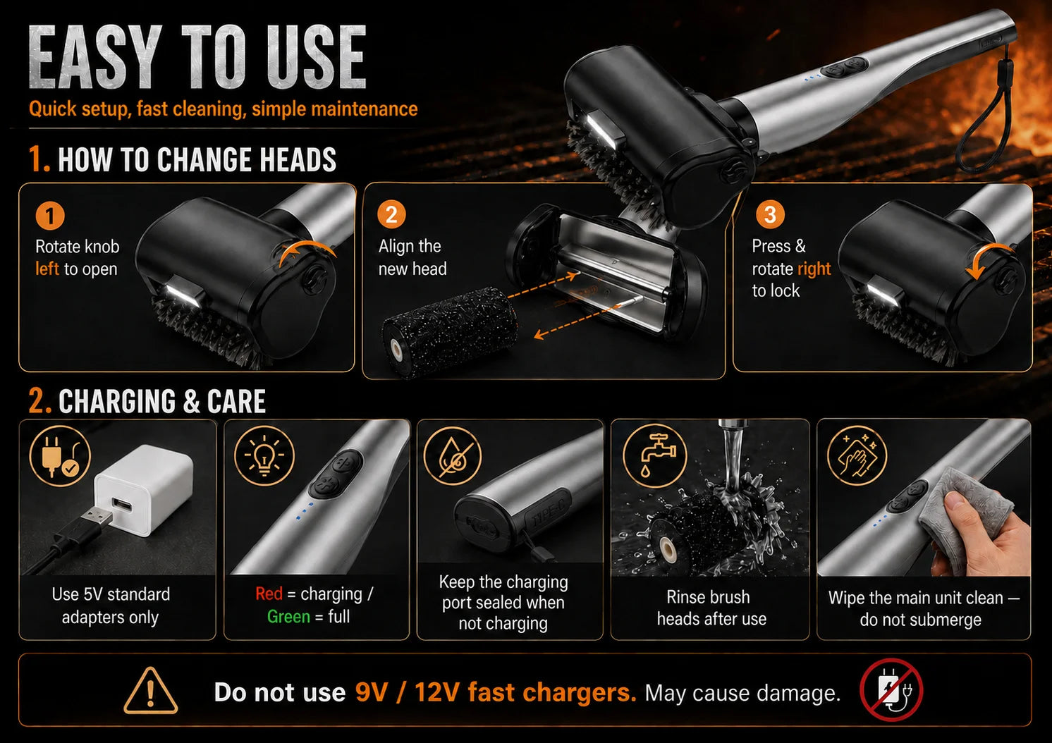 Electric Grill Brush, High Torque Grill Brush 3-Speed Modes，with 3 Brush Heads & Type-C Rechargeable for Barbecue Kitchen.