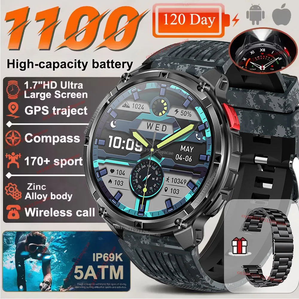 2026 New Military 1100mAh Big Battery Outdoor Smart Watch Men GPS Path Compass 10ATM Waterproof Calls AMOLED HD Sport Smartwatch