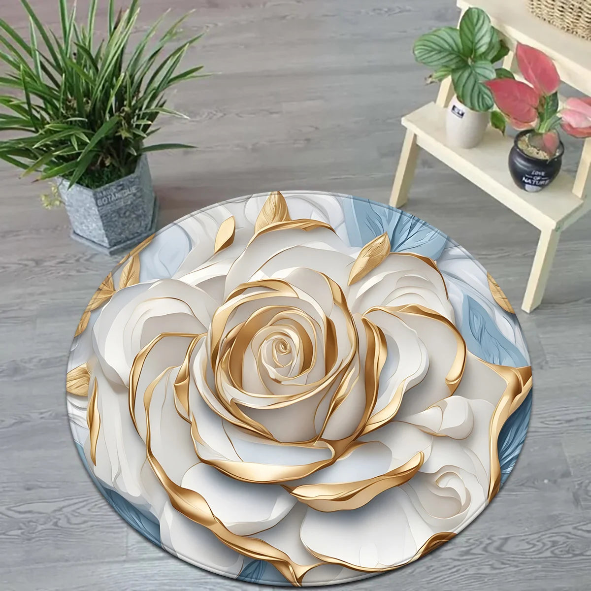 1pc round floor mat with white rose and gold decoration, polyester fabric, suitable for bedroom and living room decoration