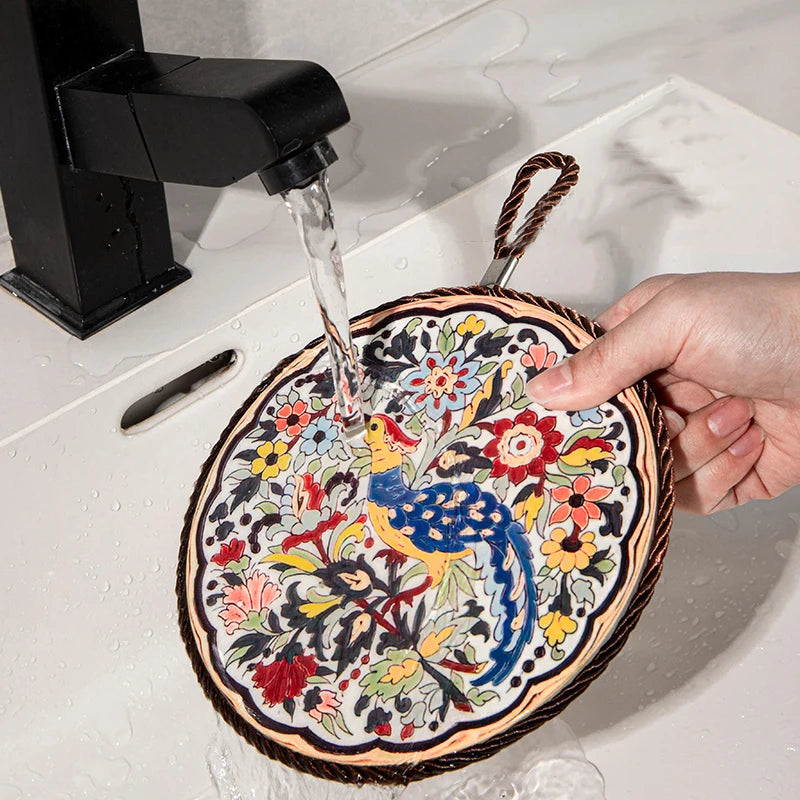 HeMu Bohemian Style Ceramic Pot Holders,Mandala Pattern Heat Resistant Trivets,Hanging Kitchen Coasters with Rope for Hot Dishes