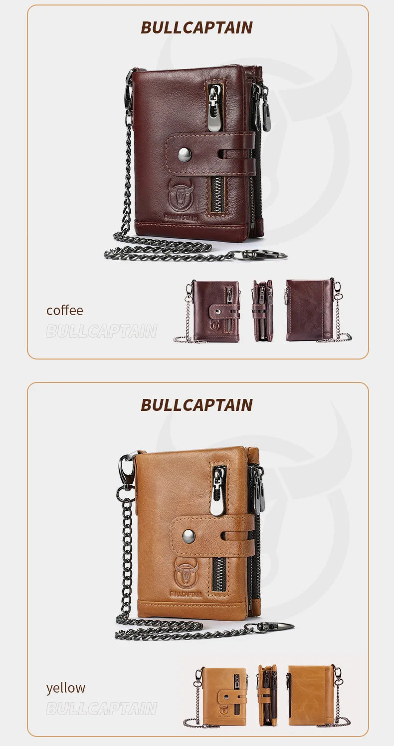 Bullcaptain Genuine Leather Men's Wallet Fashion Quality Travel Purse Rfid Protect Credit Card Holder Wollst for Men with Chain