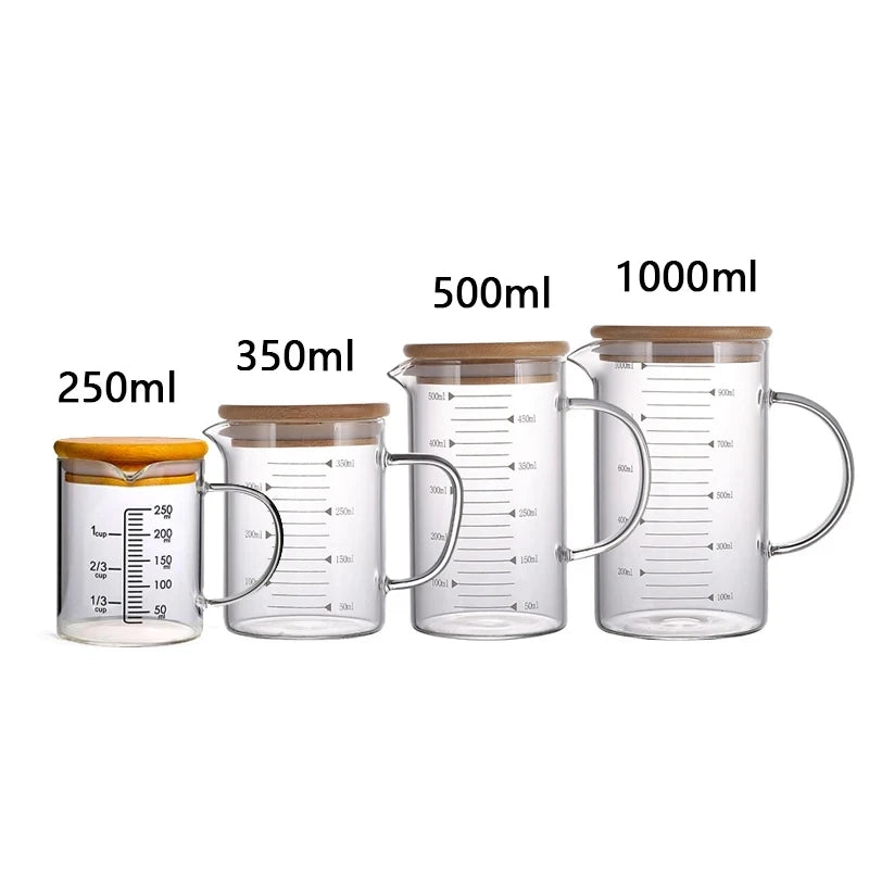 YWDL Food Grade Glass Measuring Cups Kettle Kitchen Milk Tea with Lid and Handle Laboratory Beaker Measuring Mug 250-1000ML