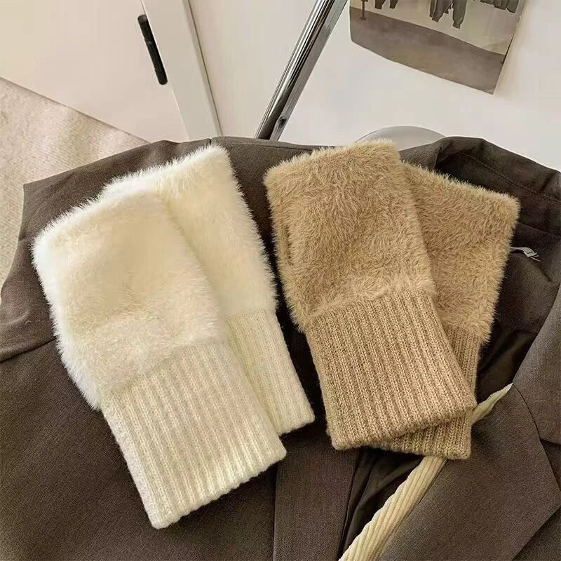 1PC- Warm and Cold-proof Half-finger Gloves for Women in Autumn and Winter, Versatile and Plush, Cute Office Half-finger Gloves