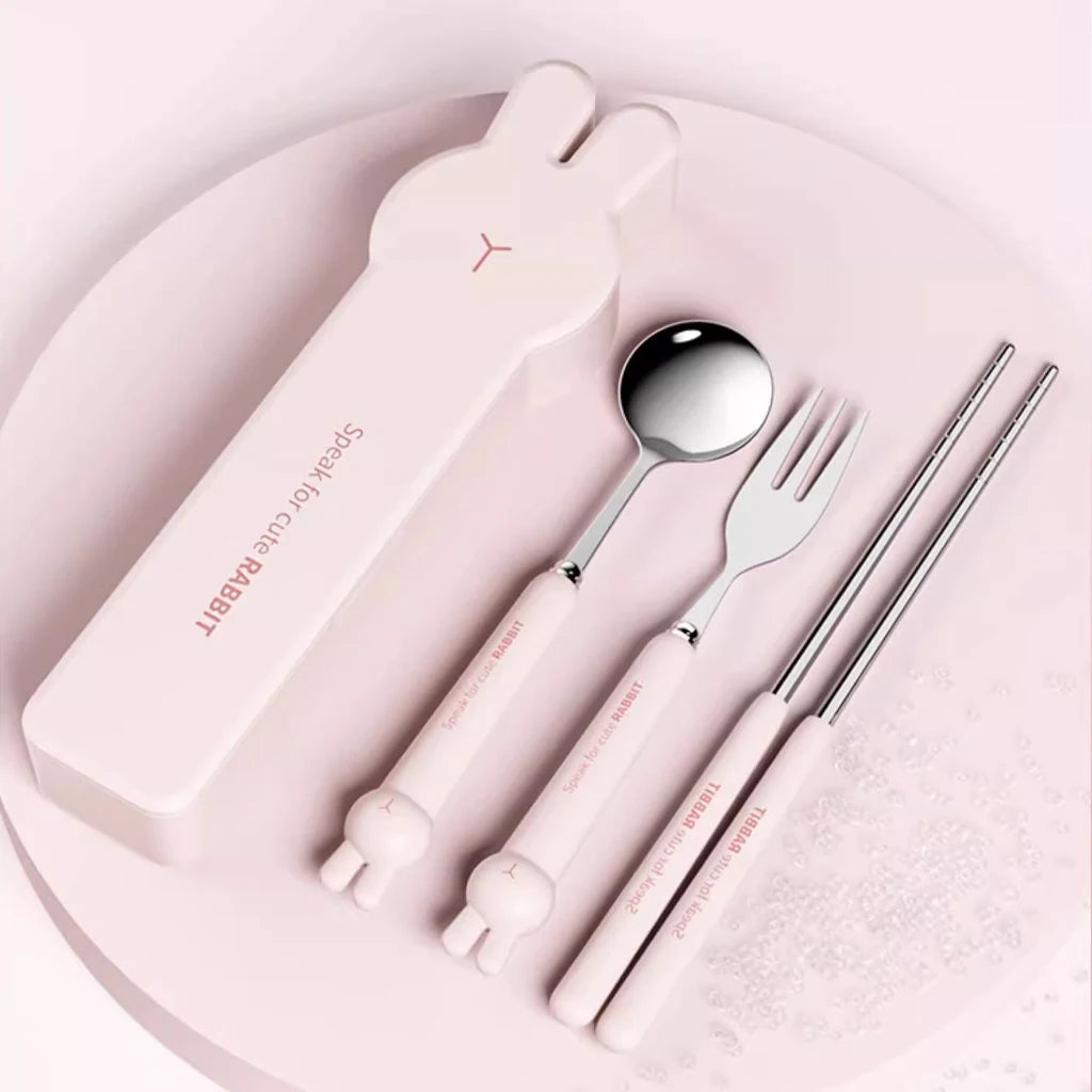 WORTHBUY 3/4PCS Cute Portable Dinnerware Set Reusable 304 Stainless Steel Fork Spoon Chopsticks With Box Cutlery For Kid Student