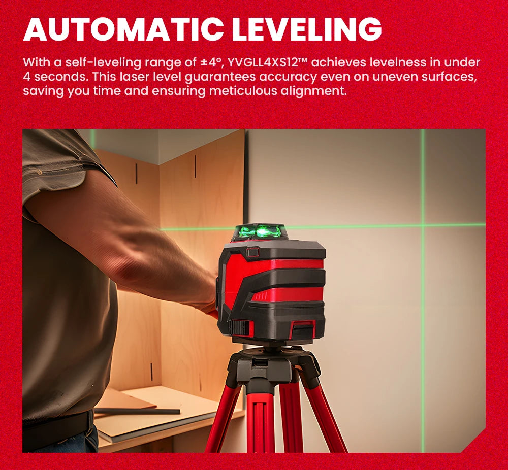 YEVOLT Laser Level Green Beam 12/16 Lines ±4° Self-leveling 3D 360° Horizontal and Vertical Measuring Tools - YVGLL4XS-Series