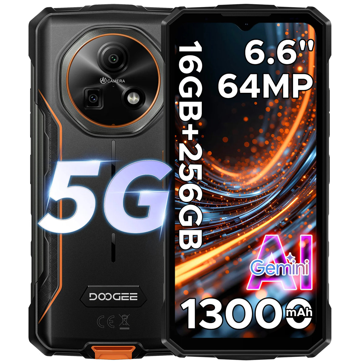 DOOGEE Fire 7 5G Rugged Phone Android 15 Gemini AI 13000mAh Battery 6.6'' Screen Dimensity 6300 64MP Camera  Smartphone NFC