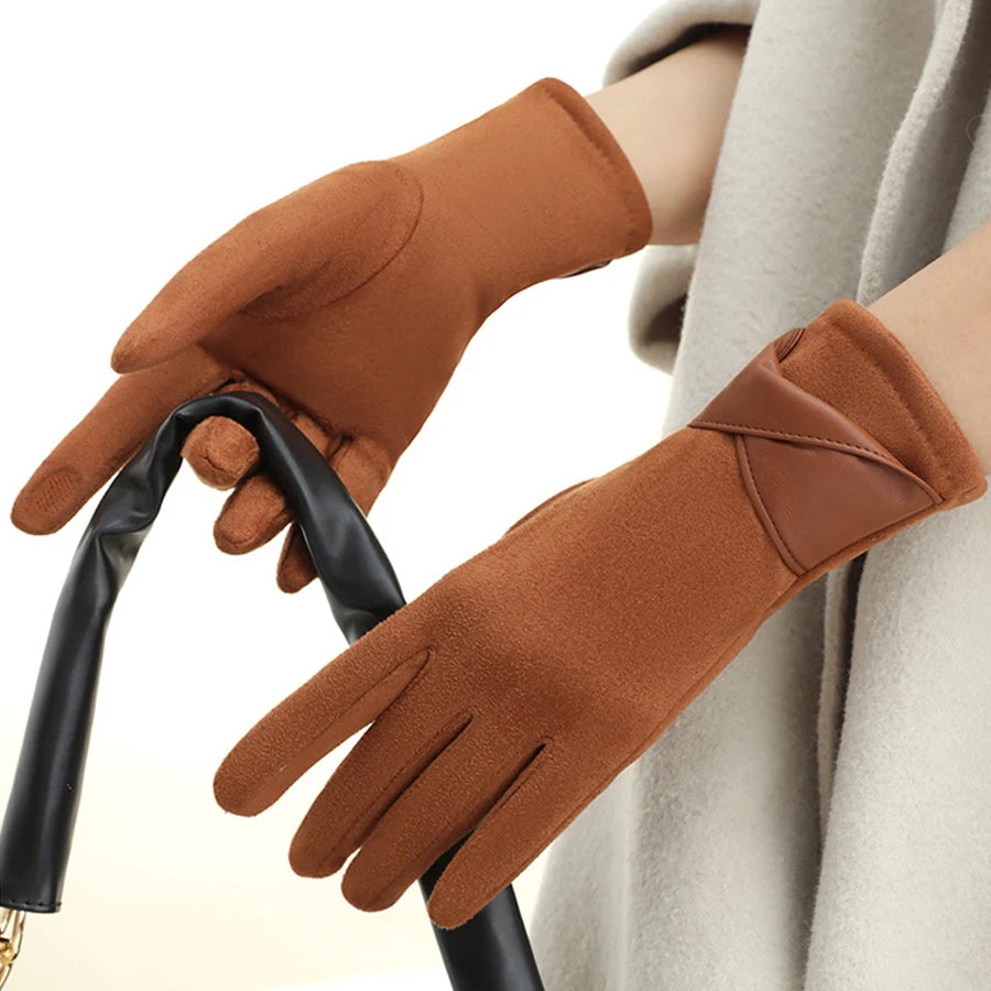 Korean version of warm gloves for women's winter fashion, simple temperament, and velvet anti cold touch screen riding windproof
