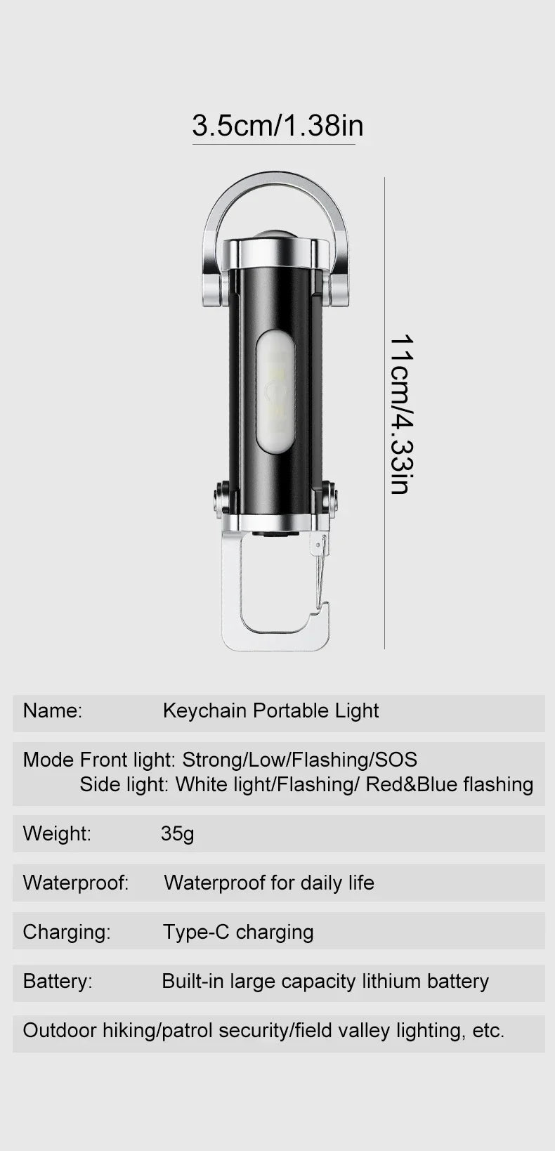 Mini Keychain Flashlight Rechargeable Pocket COB Working Light Outdoor Hook Emergency Warning Light for Camping Walking Hiking