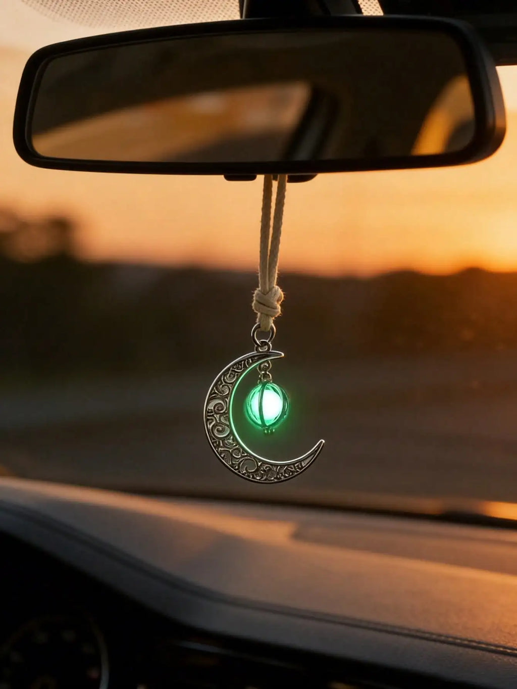Luminous Moon Pendant Car Hanging Ornament – Hollow Crescent Design, Inlaid with Luminous Stone, Elegant Rearview Mirror Decor