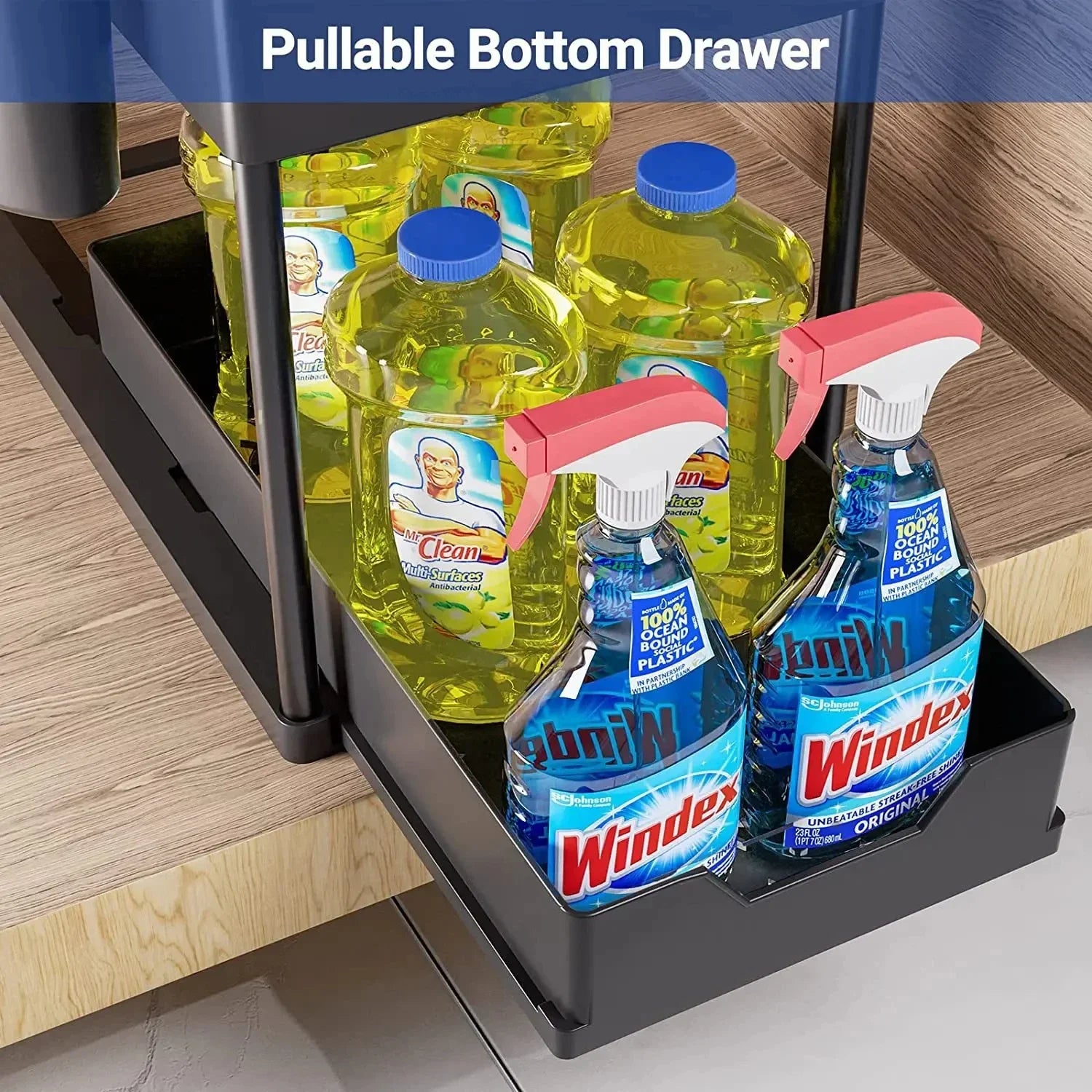 2 Tier Under Sink Sliding Cabinet Basket Organizer Storage Rack with Hooks Hanging Cup Bathroom Multifunctional Storage Rack