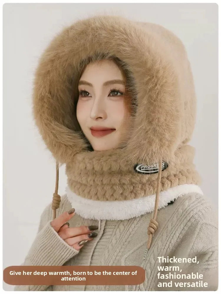 Autumn and Winter Women Thermal Plush Hat Hood Scarf and Mask Ear Protection Windproof Thick Design for Riding Outdoor