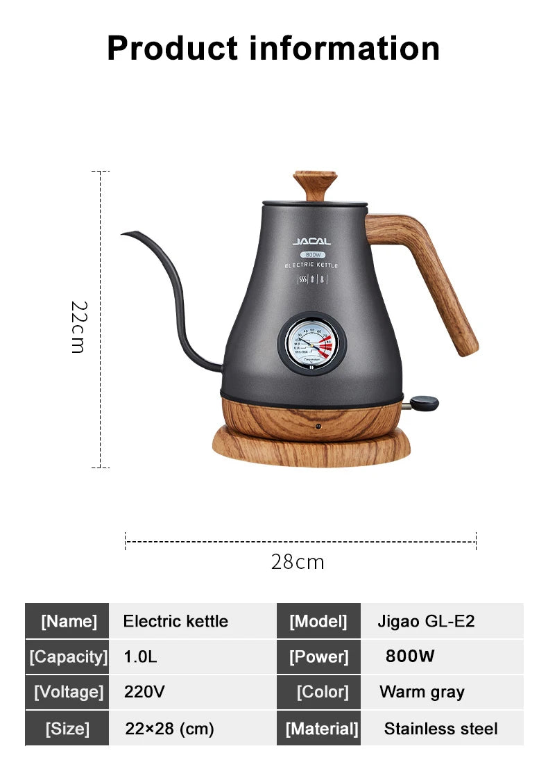 1.0L Electric Kettle Retro Gooseneck Hand Brewed Coffee Pot Slender Mouth Teapot Stainless Steel Liner Kettle with thermometer