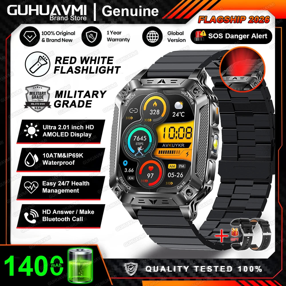 2026 New Military Grade 1400mAh Battery Smart Watch GPS Tracks 5ATMWaterproof Flashlight Heart Rate 2.1" Durable Smartwatch Men