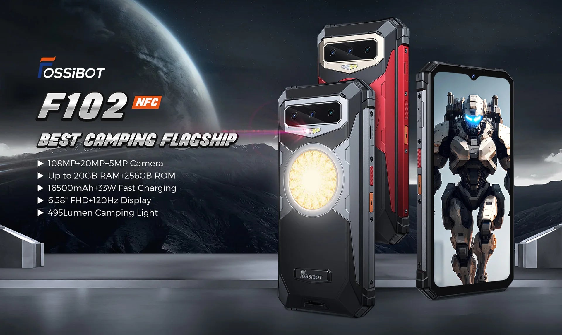 FOSSIBOT F102 Rugged 20GB+256GB 16500mAH Android 13,6.58 FHD, Camping Light  Waterproof, NFC 108MP,Helio G99 33W Fast Charging