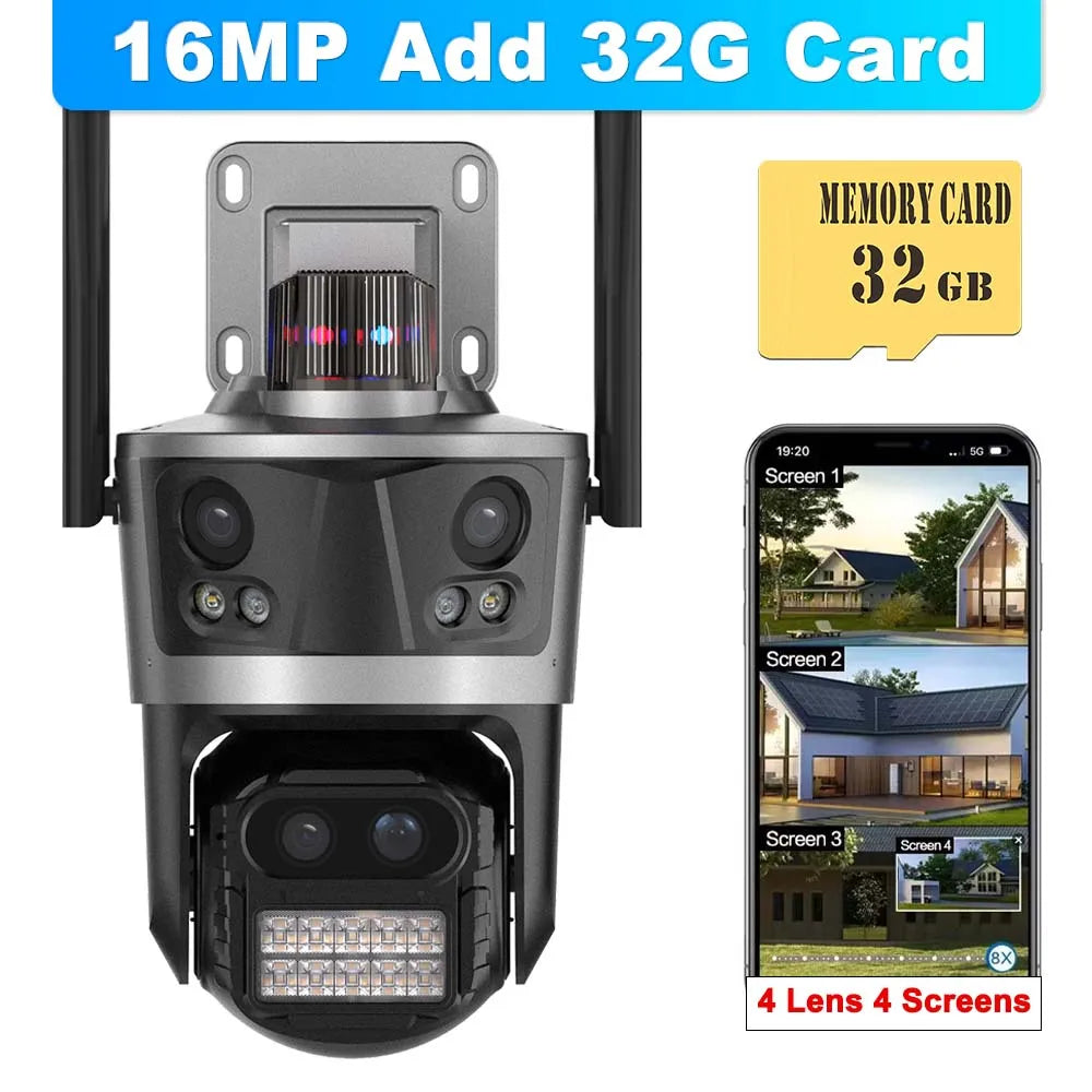 8K 16MP WiFi IP Camera 8X Zoom Four Lens Outdoor PTZ Security Camera Auto Tracking Smart Security Protection CCTV Video Camera
