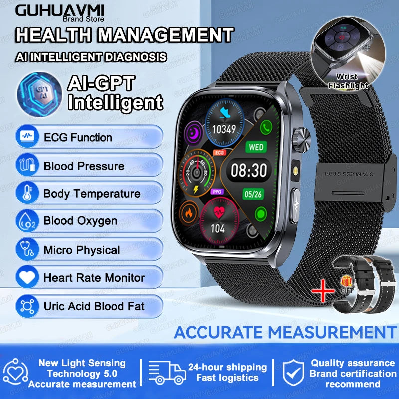 2026New Accurate Diagnosis Smart Watch ECG Blood Oxygen BP Uric Acid Lipids HD AMOLED Screen BT Call Health Smartwatch Men Women