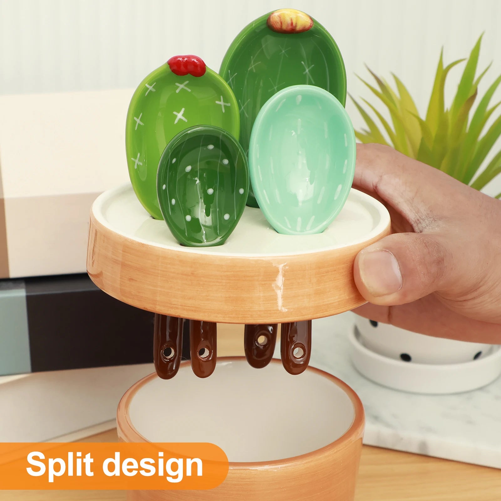 4Pcs Porcelain Measuring Spoons Set with Base Cute Cactus Shape Stirring Soup Spoon Ceramic Flower Pot Measuring Spoon