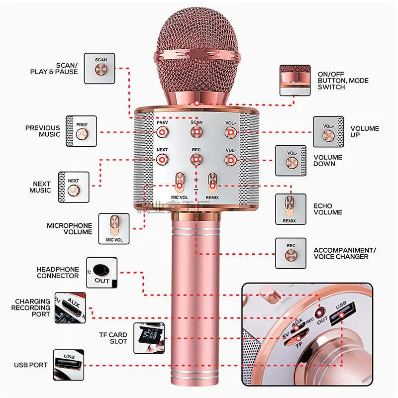 Wireless Bluetooth Karaoke Microphone for Kids, 5-in-1 Portable Handheld Karaoke Mic Speaker Player Recorder with  FM Radio