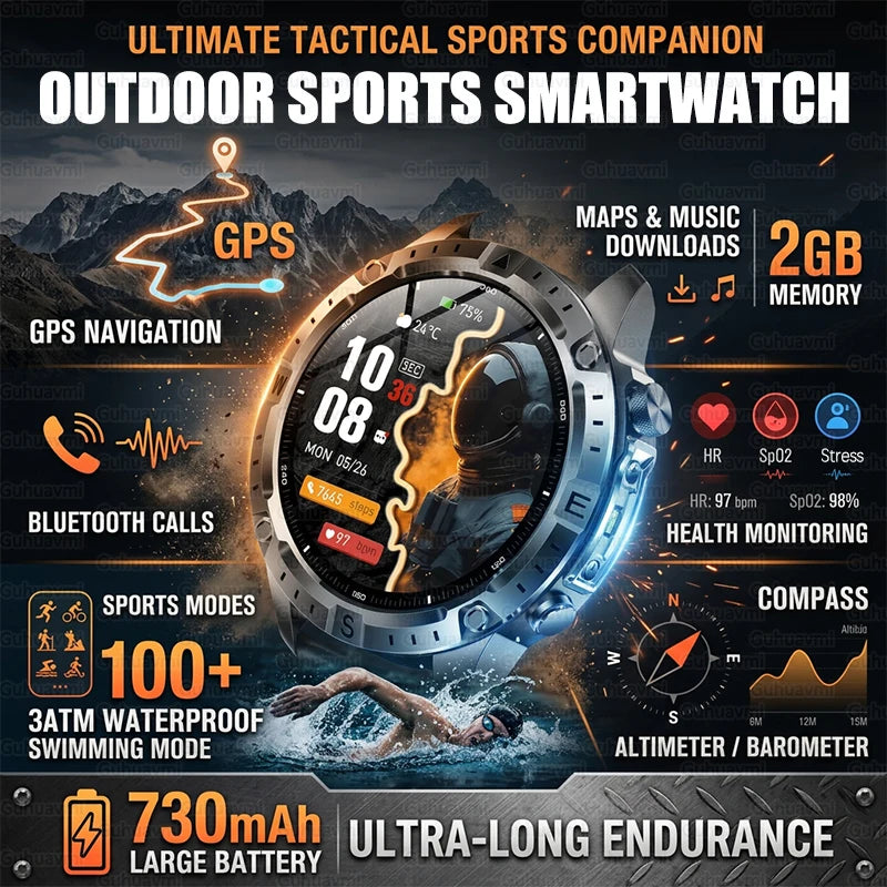 2026 Outdoor GPS Smart Watch Men 2GB ROM Offline Map 730mAh Battery 3ATM Waterproof Compass Altimeter Health Monitor Smartwatch