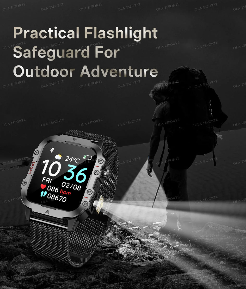 2025 New Flashlight Military Smart Watch Men IP68 5ATM Outdoor Sports Fitness Tracker Health Monitor 1.44Inch BT Call Smartwatch