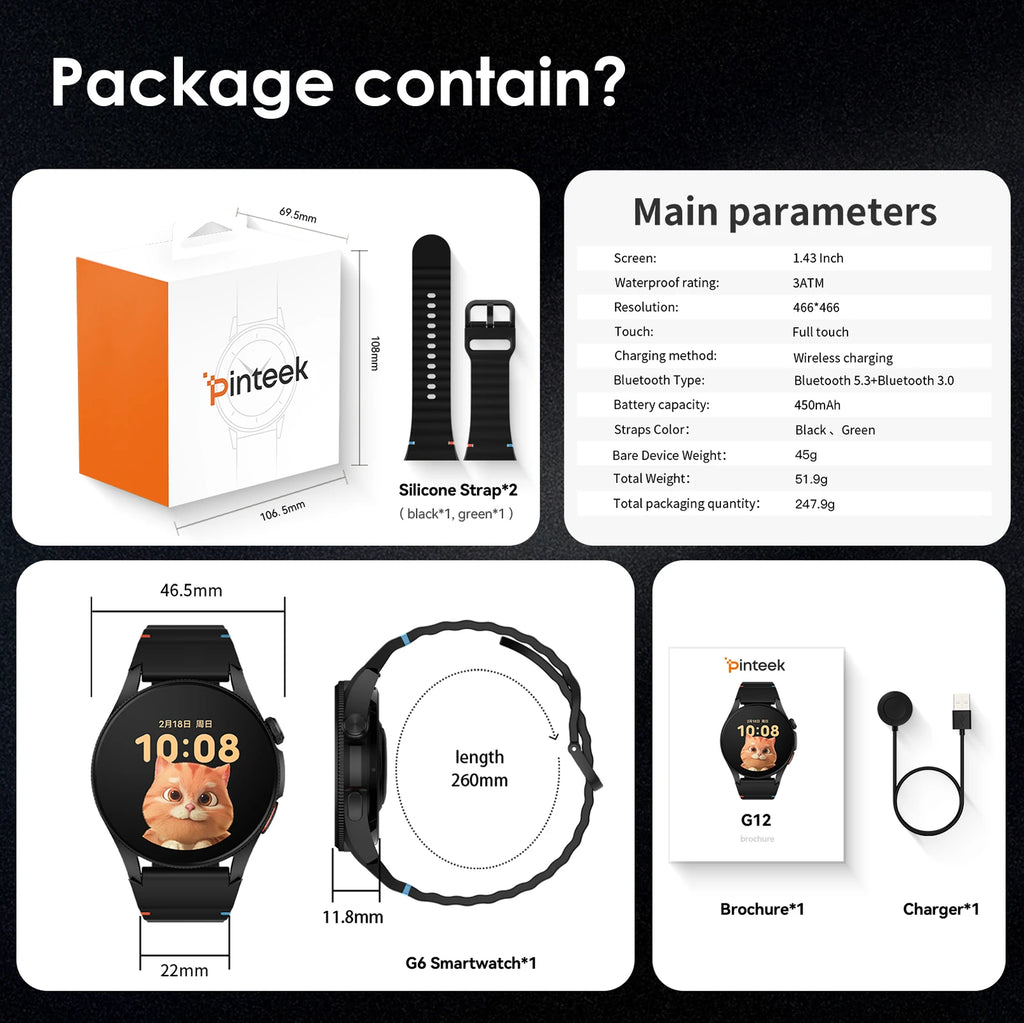 Pinteek G12 Dual-Band GPS Smartwatch: Military-Grade Compass, 3ATM Waterproof, 150+ Sport Modes Smart Watches for Men