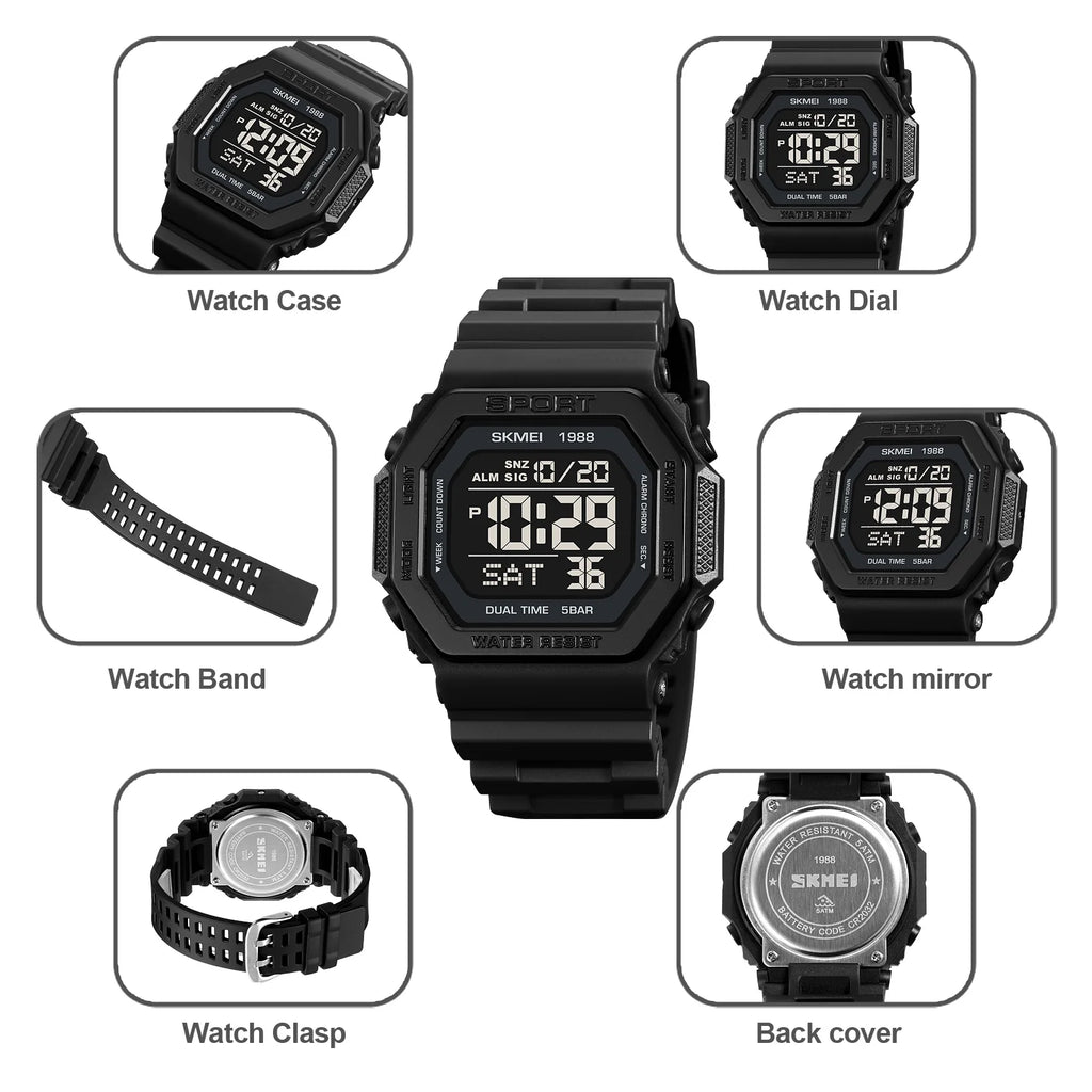 SKMEI 1988 Chrono Men Watch Luxury Brand Sport Watch Electronic Digital Male Wrist Clock Man 50M Waterproof Men's Watches 1988