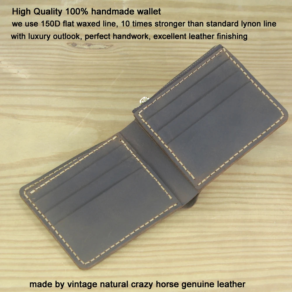 Luxury Handmade Genuine Leather Men Wallet Bifold Purse Male Wallets Short Money Clip Vintage Leather Money Bag with zip pocket