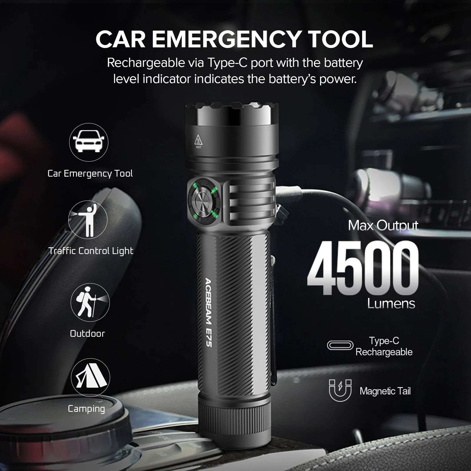 ACEBEAM E75 Quad-Core LED Flashlight USB C Rechargeable Torch With 21700 Battery 4500LM 260M Flashlights Powerful Defense Strobe