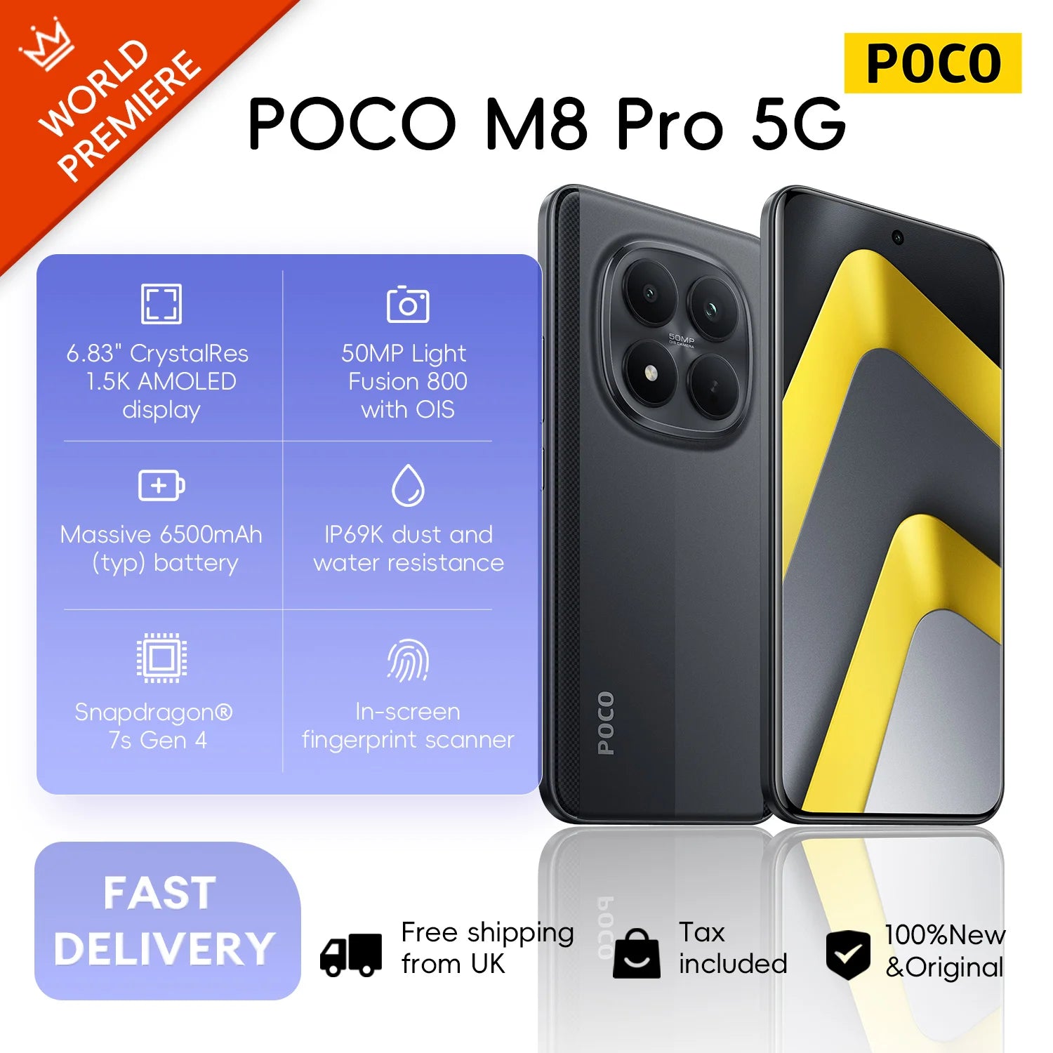 POCO M8 Pro 5G 12+512GB Global Version Snapdragon® 7s Gen 4 6.83" CrystalRes 1.5K 120Hz AMOLED display 50MP Camera 6500mAh 100W