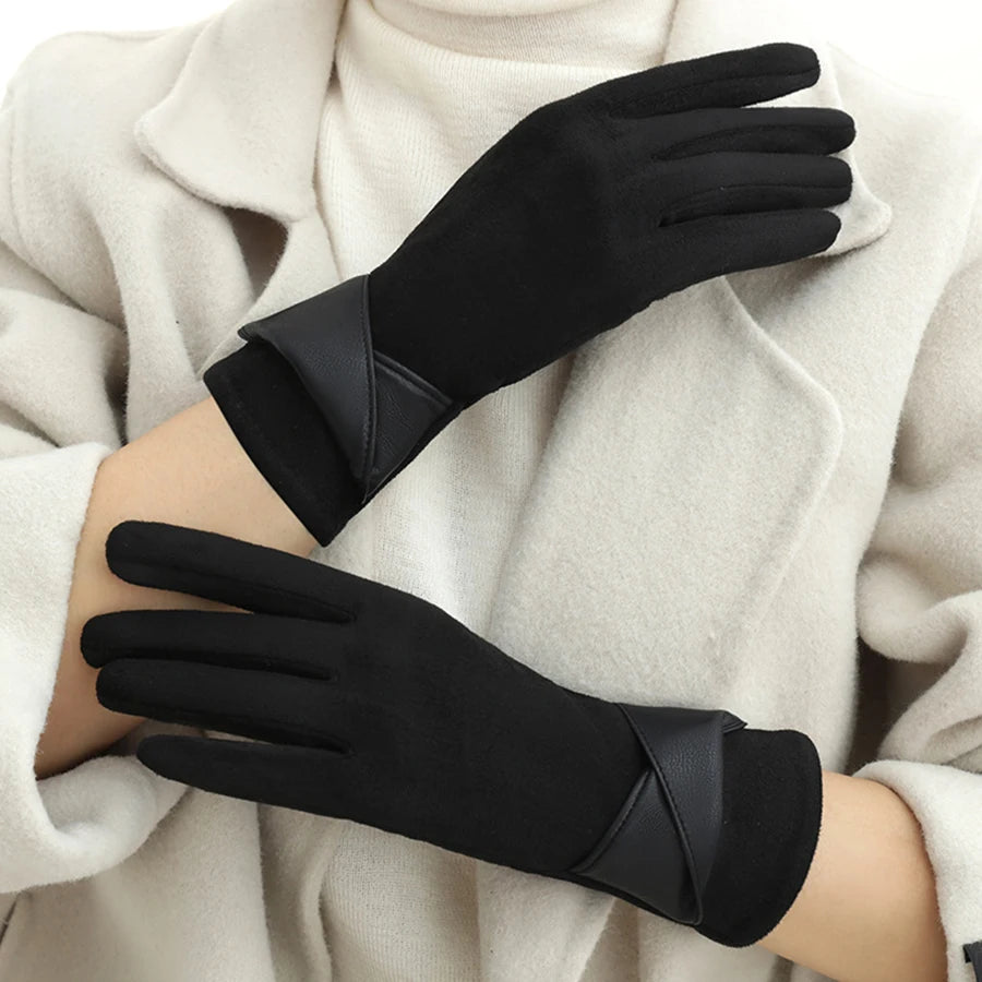 Korean version of warm gloves for women's winter fashion, simple temperament, and velvet anti cold touch screen riding windproof