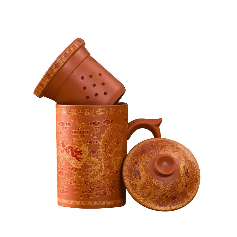 Handmade Dragon Beauty Purple Clay Tea Mug with Lid and Infuser, Ceramic Water Mug, Handmade Drinkware, Office Teacup