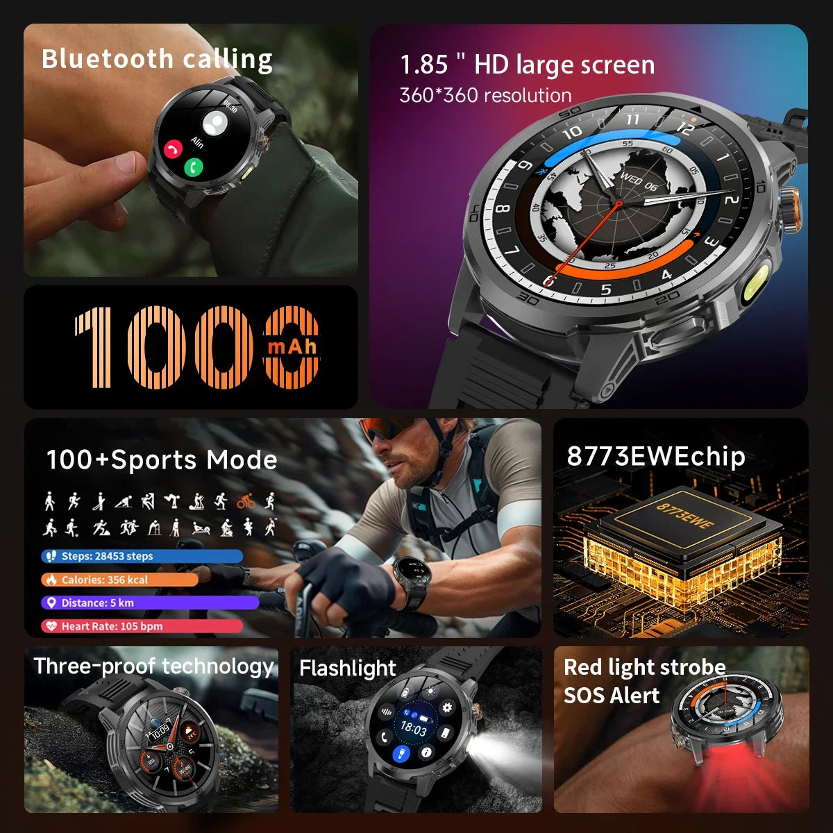 2026 Military T-Rex 3 Smart Watch Fitness Clock Men 466*466 AMOLED Screen 1000mAh Battery Flashlight Call Waterproof Smartwatchs