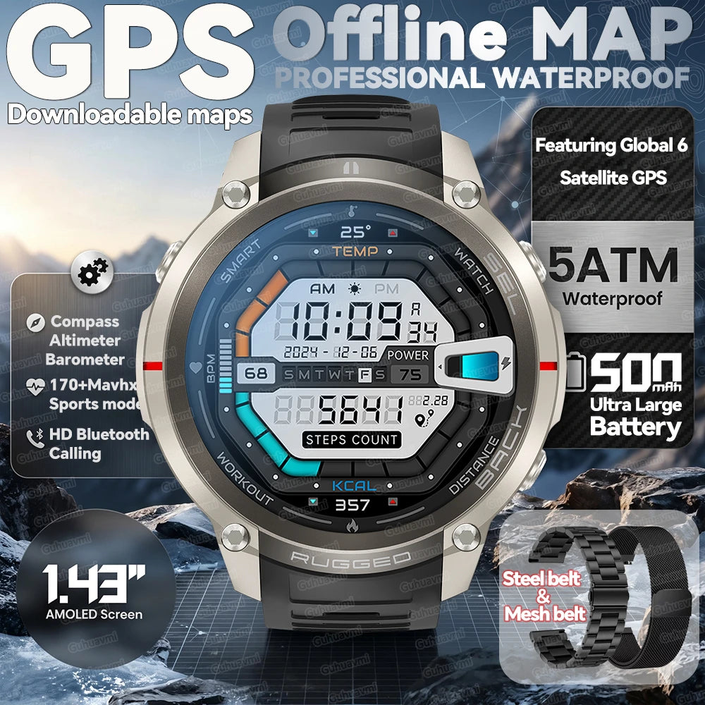2026New Outdoor GPS Smart Watch Offline Maps Download Compass Tracking 5ATM Waterproof Tactics Sport Smart Bracelet For Men gift