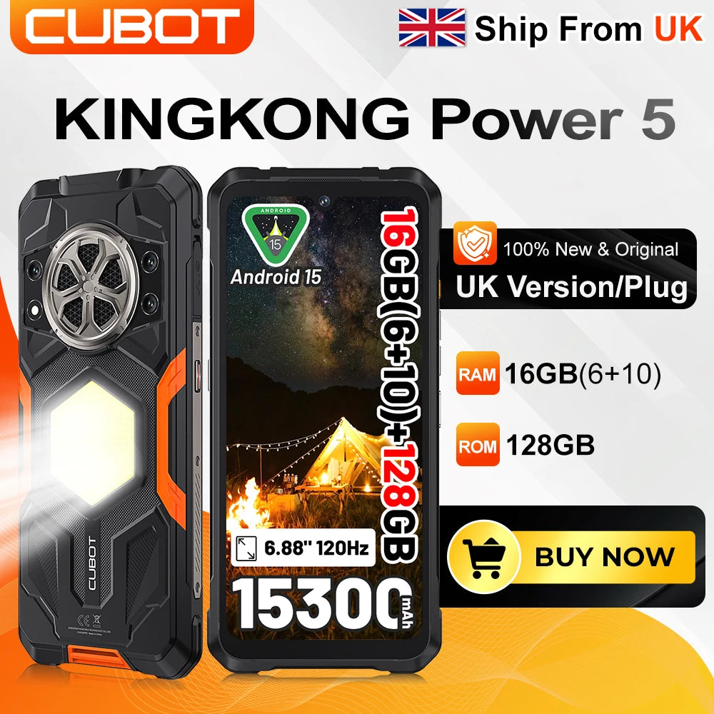 [Ship From UK] CUBOT KingKong Power 5 Android 15 Rugged Smartphone G100 16GB(6+10) 128GB 15300mAh 6.88" 120Hz 64MP Camping Light