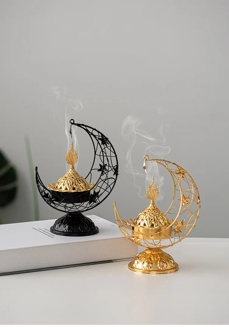 Middle Eastern Hand-held Crescent Metal Incense Burner Golden Living Room Tabletop Incense Burners Arabic Ornament