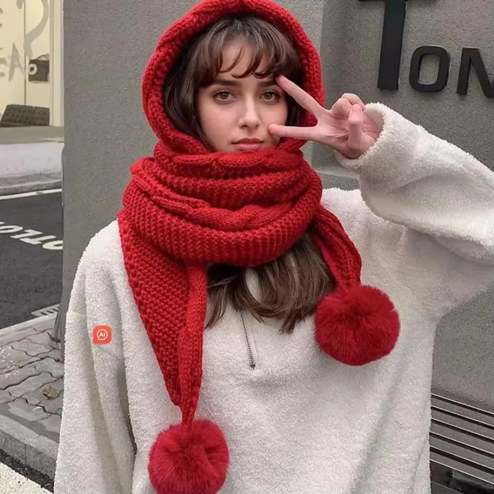Women's Winter Hat Scarf Set - Thermal Wool Pom Beanie&Balaclava for Extreme Cold versatile hat with attached scarf knitted hat