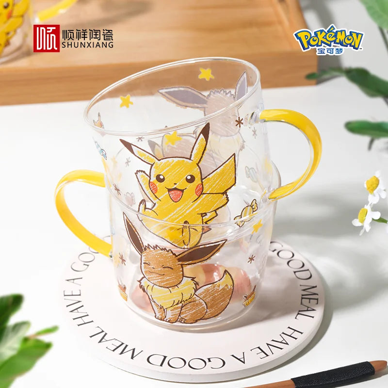 SHUNXIANG Pokémon Pikachu Glass Mugs Milk Cup Cute Drink Tableware Coffee Cup Kawaii  Transparent Water Cup with Handle Gift