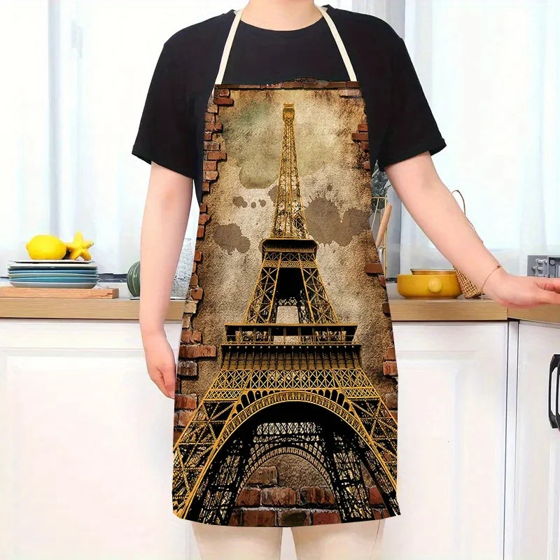 1 piece vintage iron tower print apron, household kitchen cooking/durable cleaning work apron party and holiday decorative apron