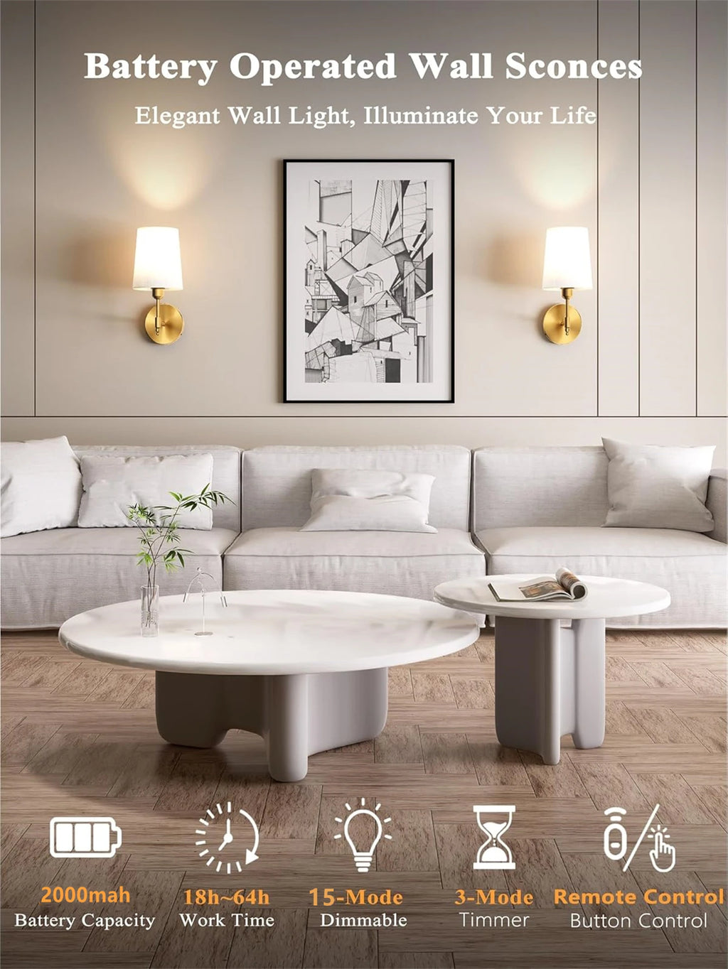 Wiring Free Rechargeable Wall Lamp 4000Mah Dimmable 15 Colors Detachable Bulb Remote Control for Bedroom Living Room Lighting