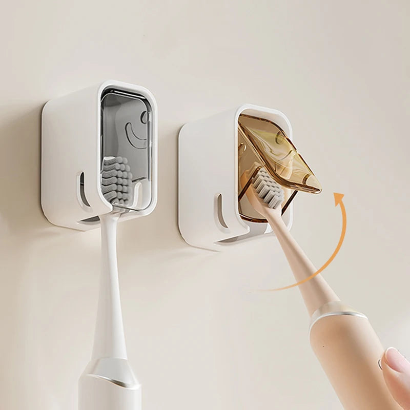 2PCS Toothbrush Holder Flip-top Wall Mounted Toothbrush Rack Dustproof Toothbrush Storage Box Bathroom Electric Toothbrush Shelf