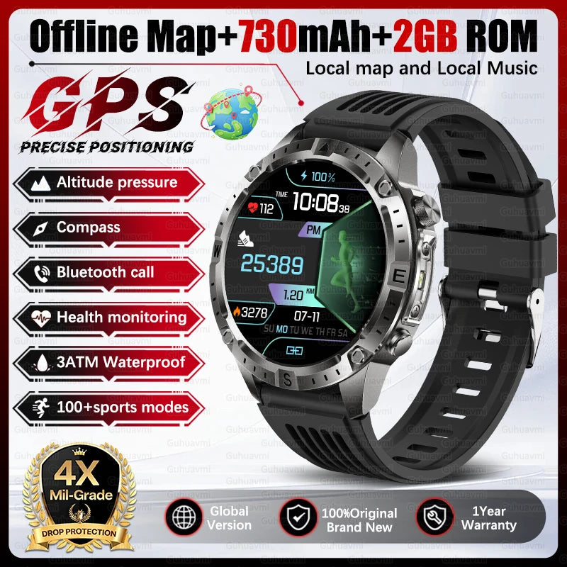 2026 Outdoor GPS Smart Watch Men 2GB ROM Offline Map 730mAh Battery 3ATM Waterproof Compass Altimeter Health Monitor Smartwatch