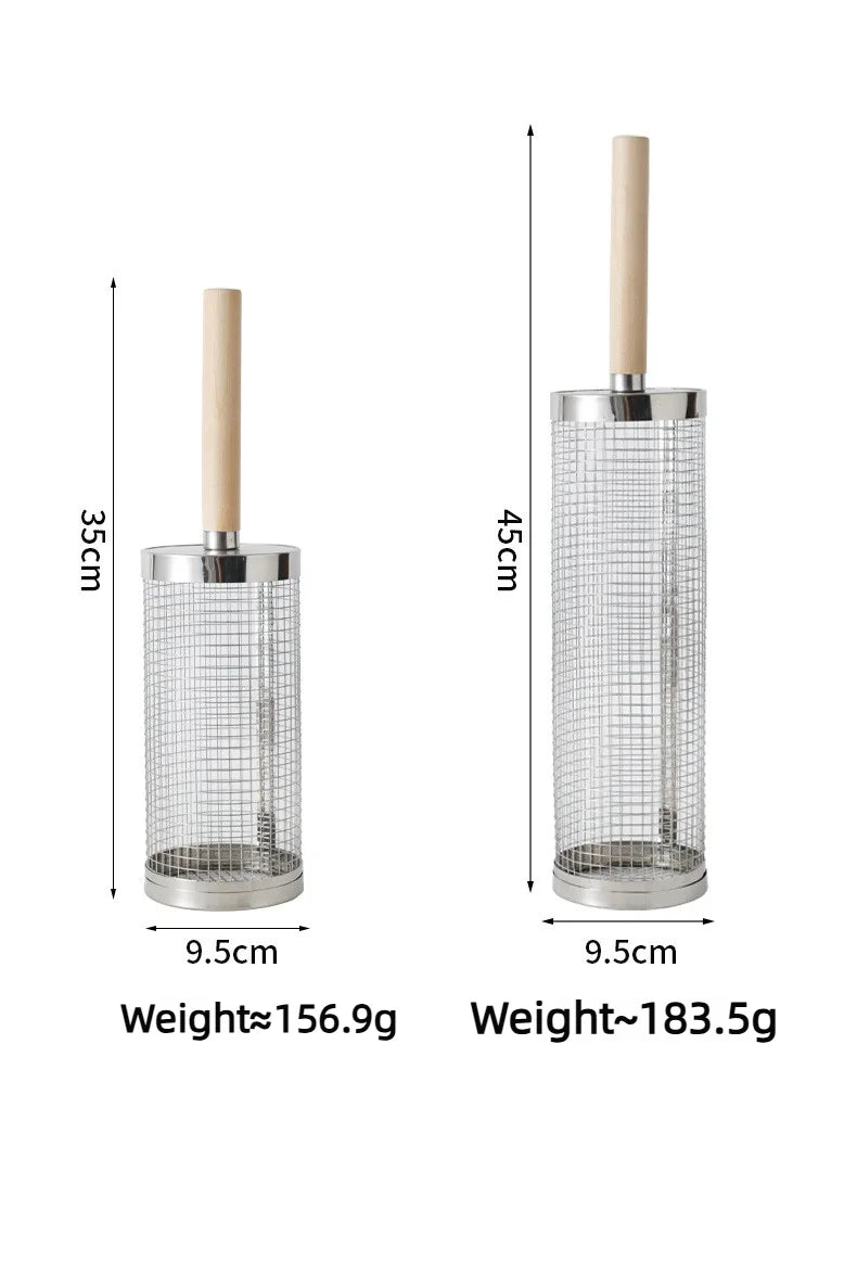 Wooden handle rolling barbecue cage, outdoor BBQ grill basket, 304 stainless steel barbecue tube, barbecue net,Free shipping