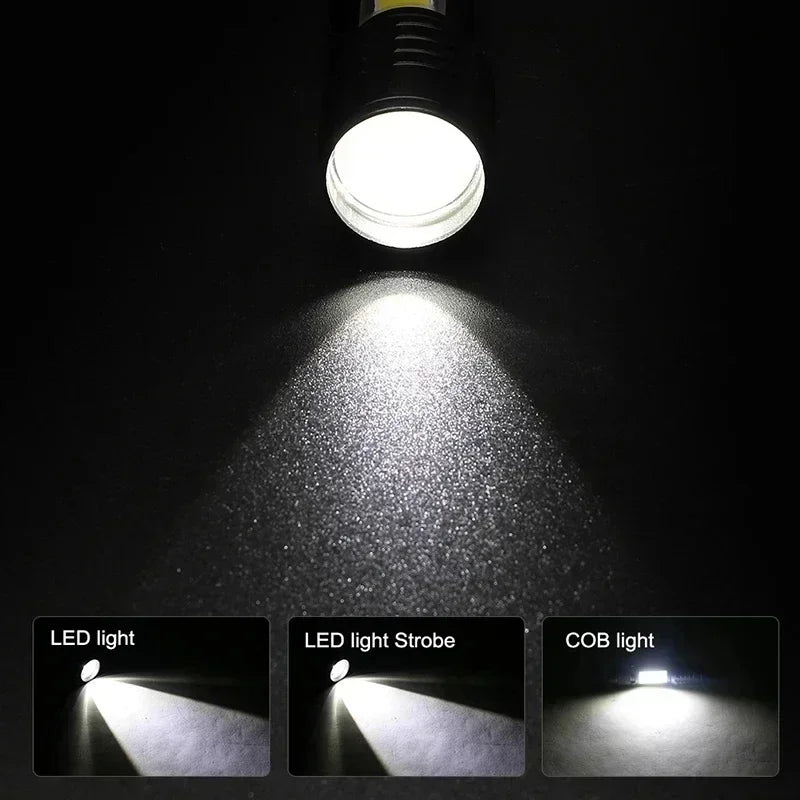 Mini LED Flashlight with Pen Clip Zoomable USB Rechargeable Portable Torch with Side Lights Outdoor Camping Emergency Lantern