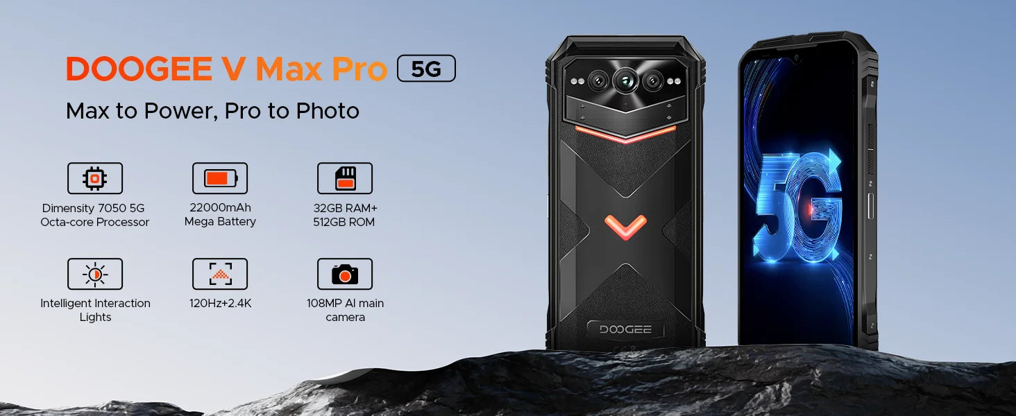 DOOGEE V Max Pro 5G Rugged Phone Dimensity 7050 6.58'' 120Hz 22000mAh Large Battery 12GB+512GB Lighting Effect 5g Smartphone