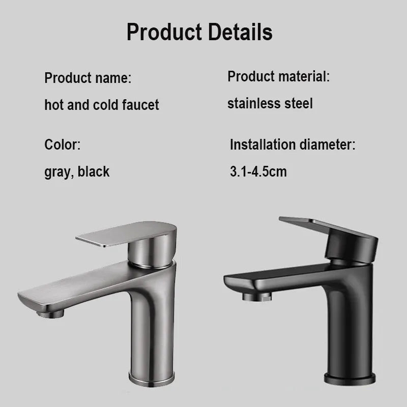 Black Basin Faucet Thickened Stainless Steel Bathroom Hot and Cold Mixer Faucets Vanity Bathroom Sink Faucets