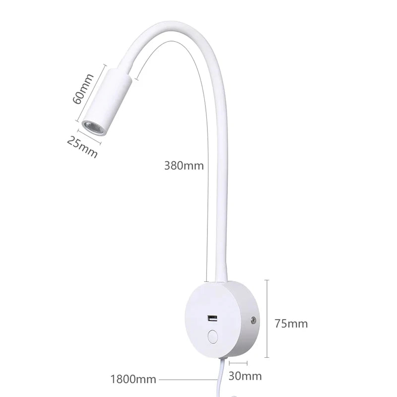 Tokili LED Golden Wall Lamp w/ USB Charger & Touch Dimmer - Bendable Gooseneck Bed Headboard Spotlight Sconce for Reading Lights